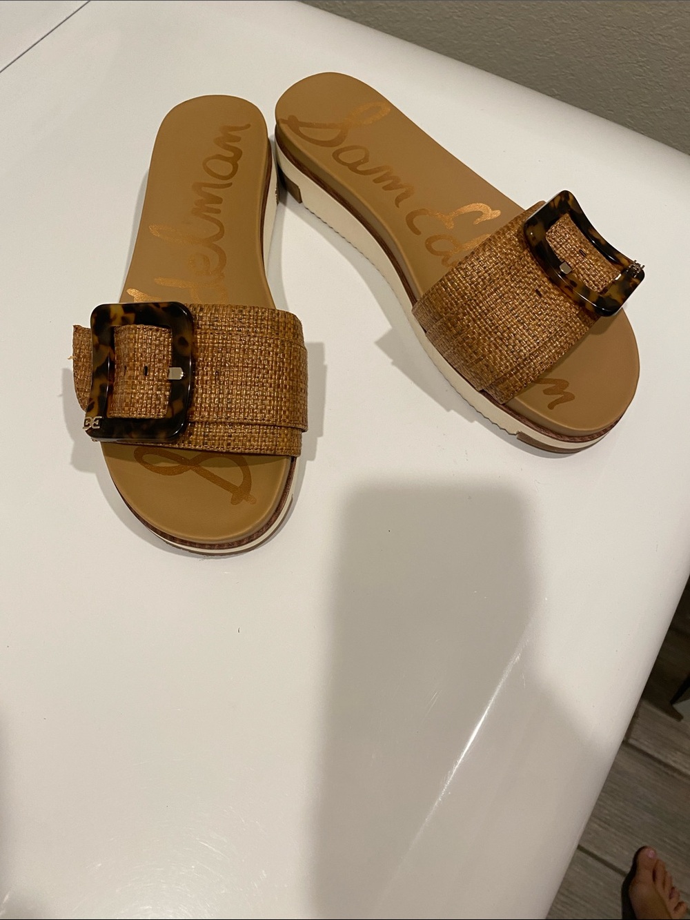 Sam Edelman Brown Woven Slide Sandals with Tortoiseshell Buckle